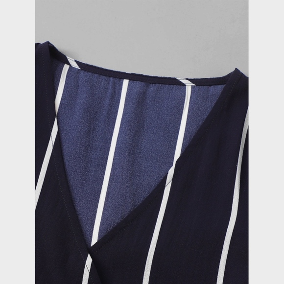 Vertical Striped Surplice V-Neck Tie Belt Romper - Picture 5 of 8
